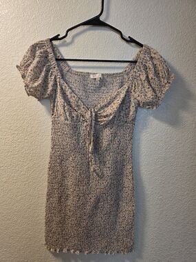 Floral Smocked Mini Dress with Puff Sleeves - Beige Floral